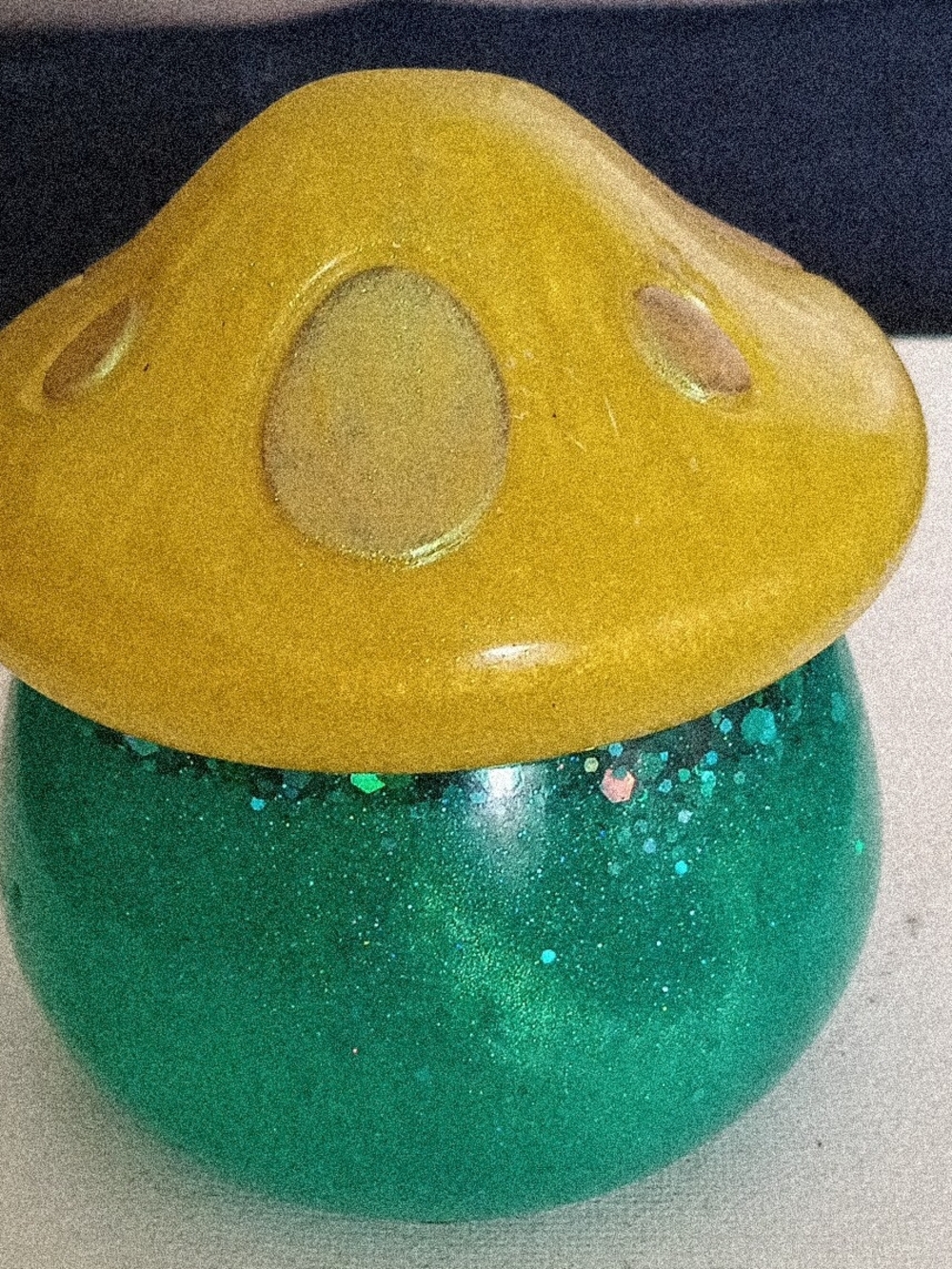 Green Glitter Mushroom Trinket Jar with Yellow Lid